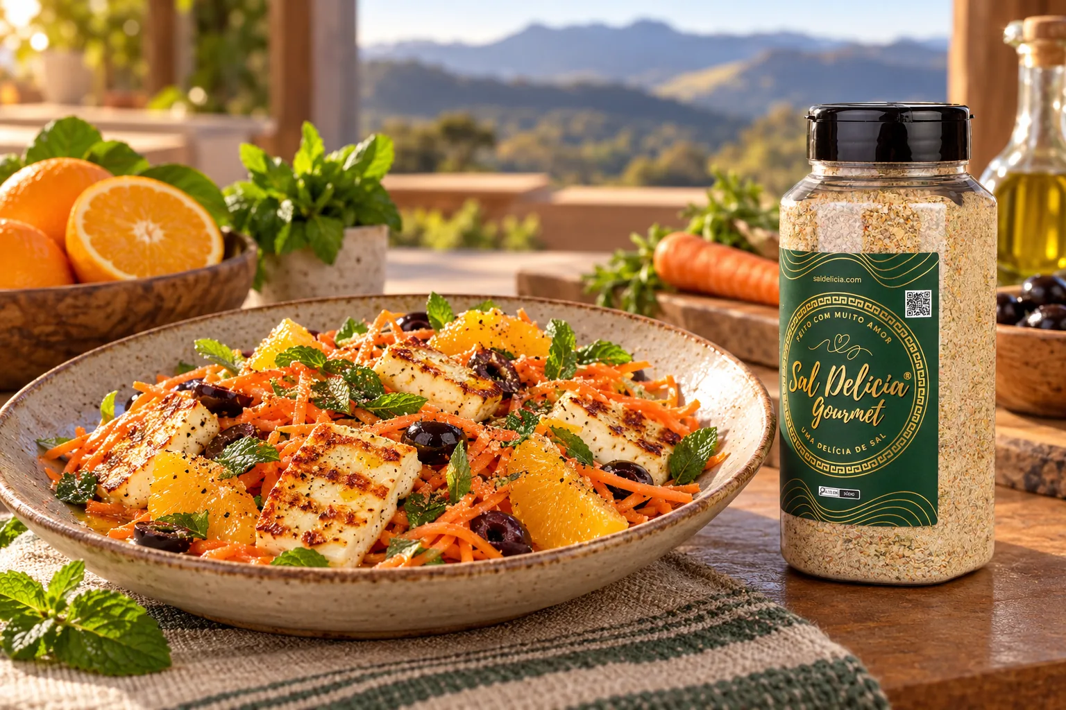 Ilustração do prato: Salada de laranja e cenoura com halloumi grelhado