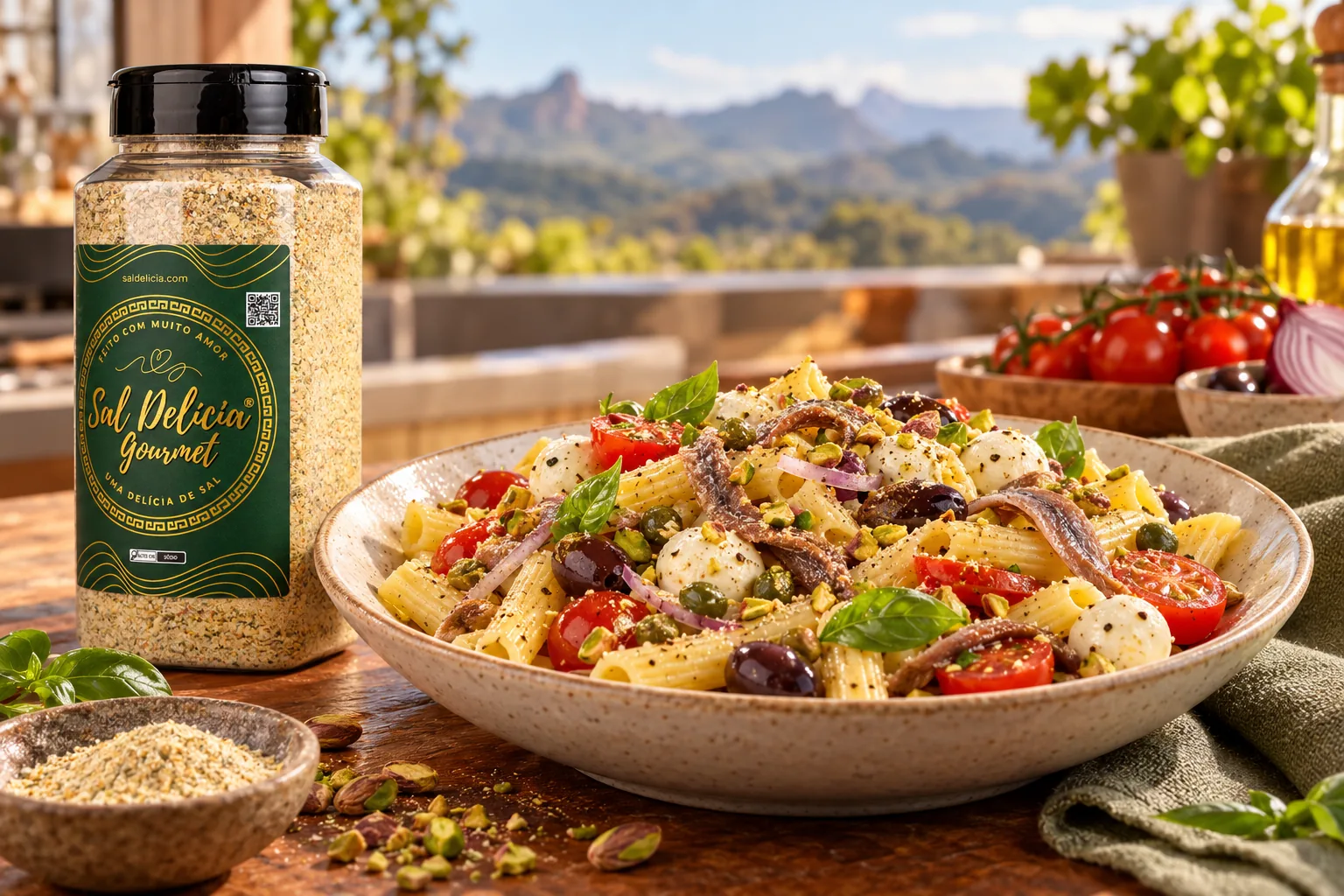 Ilustração do prato: Salada de massa com anchovas, muçarela e pistache