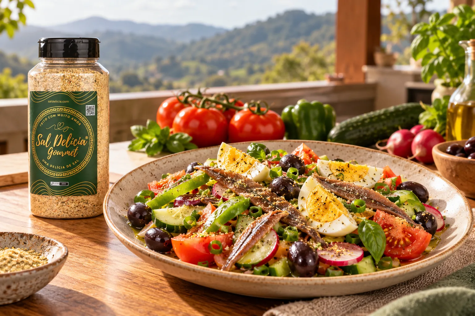 Ilustração do prato: Salada niçoise de ovos, anchovas e legumes frescos