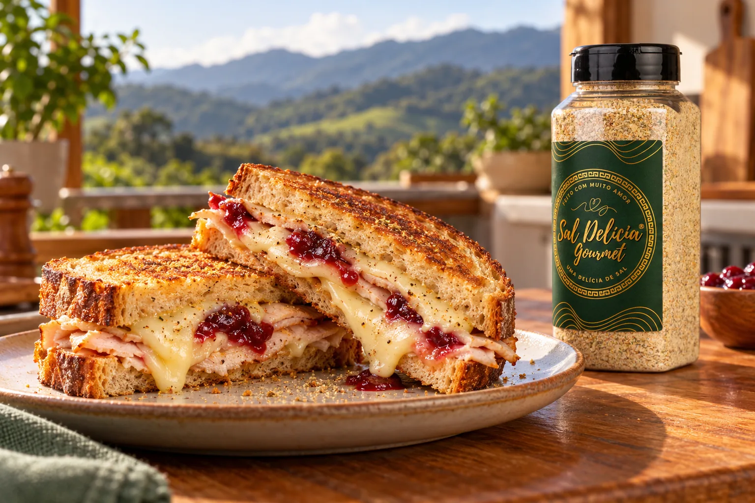 Ilustração do prato: Sanduíche tostado de peru, brie e cranberry