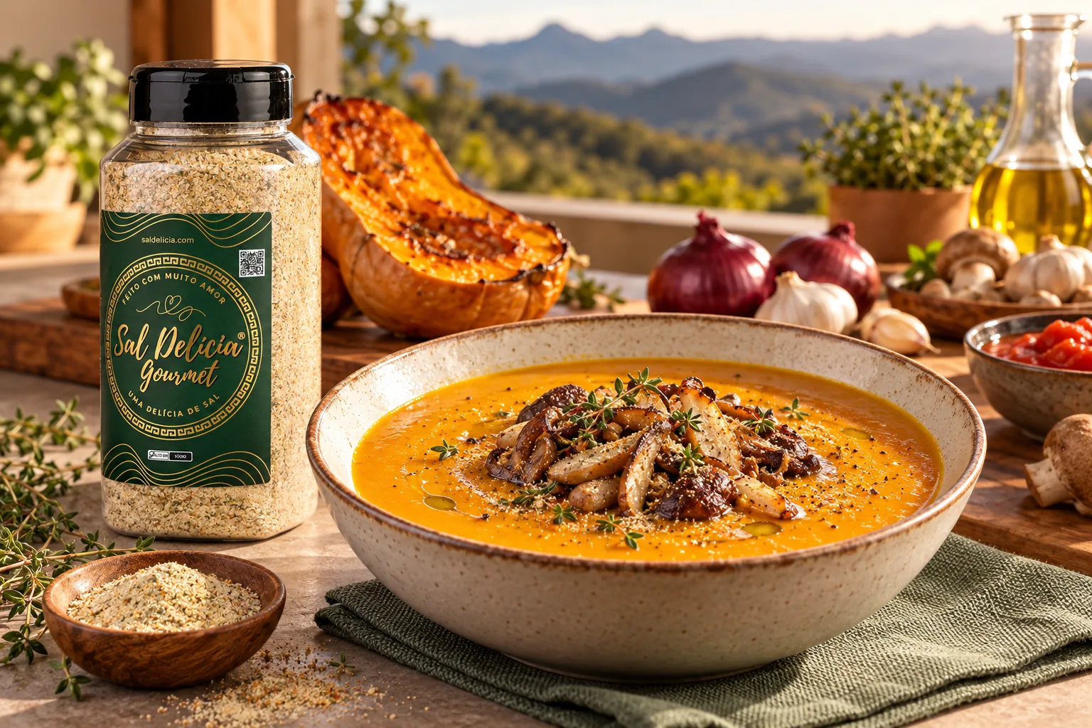 Ilustração do prato: Sopa de abóbora assada com cogumelos crocantes