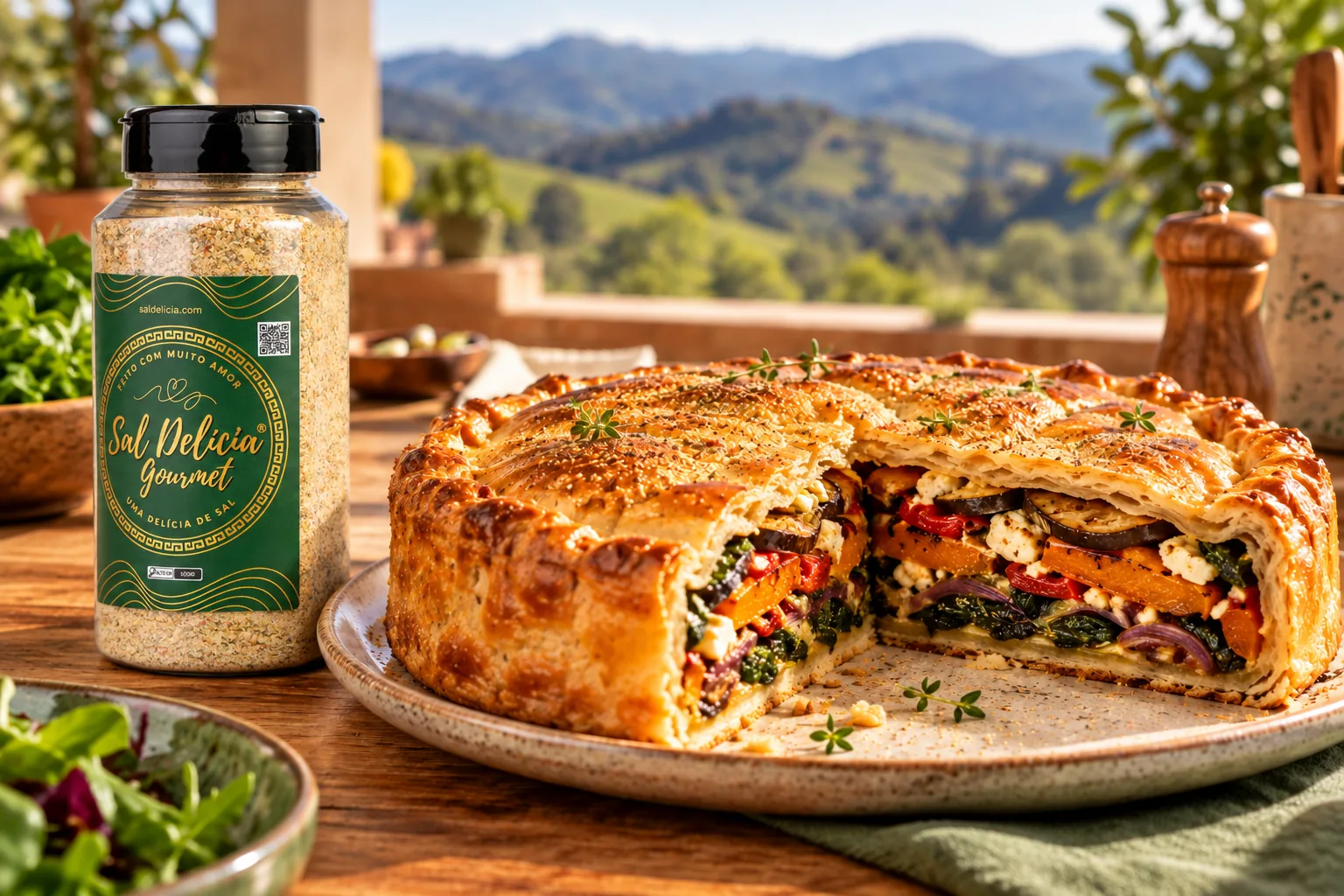 Ilustração do prato: Torta fechada de legumes em camadas e feta