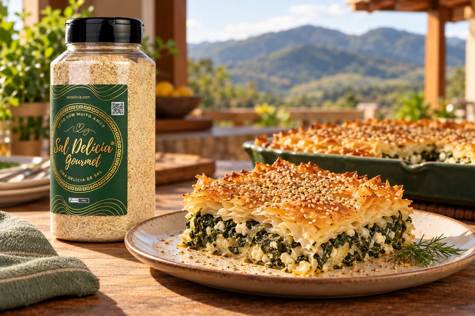 Ilustração do prato: Torta filo de espinafre, feta e gergelim