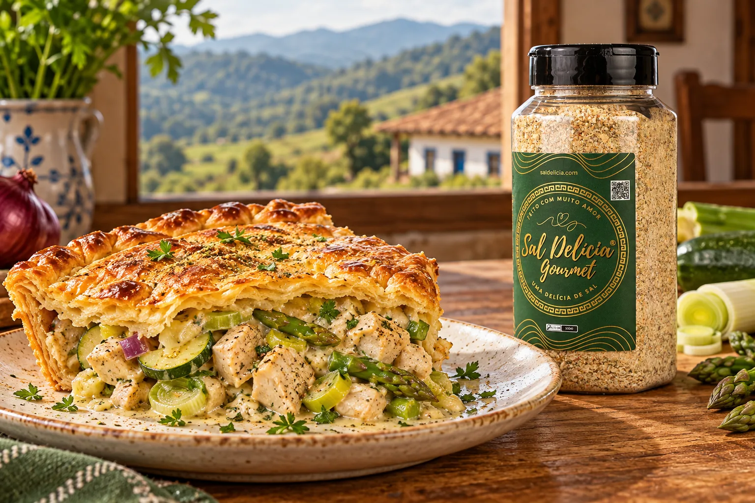 Ilustração do prato: Torta folhada de frango com legumes verdes