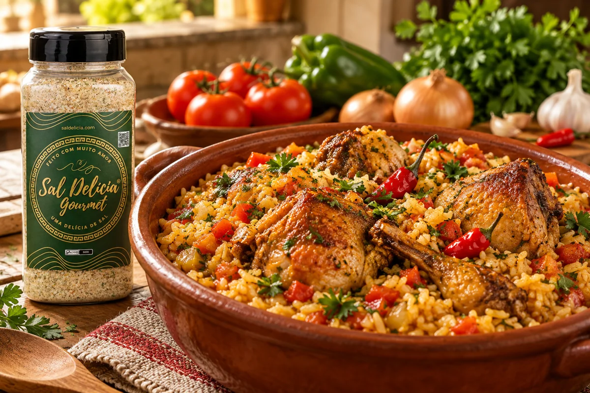Ilustração do prato: Arroz com galinha da angola