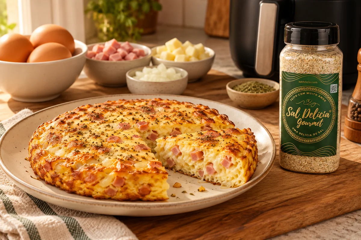 Ilustração do prato: Omelete com presunto e queijo na air fryer