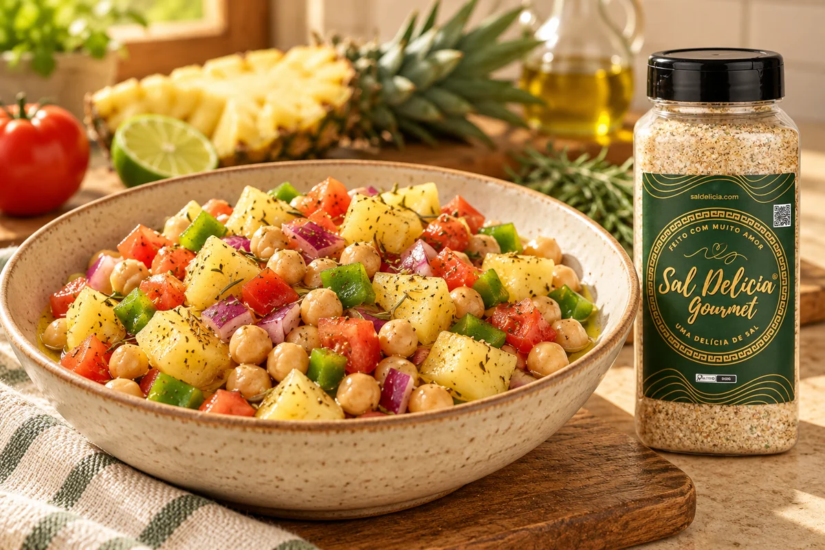 Ilustração do prato: Salada de grão-de-bico com abacaxi