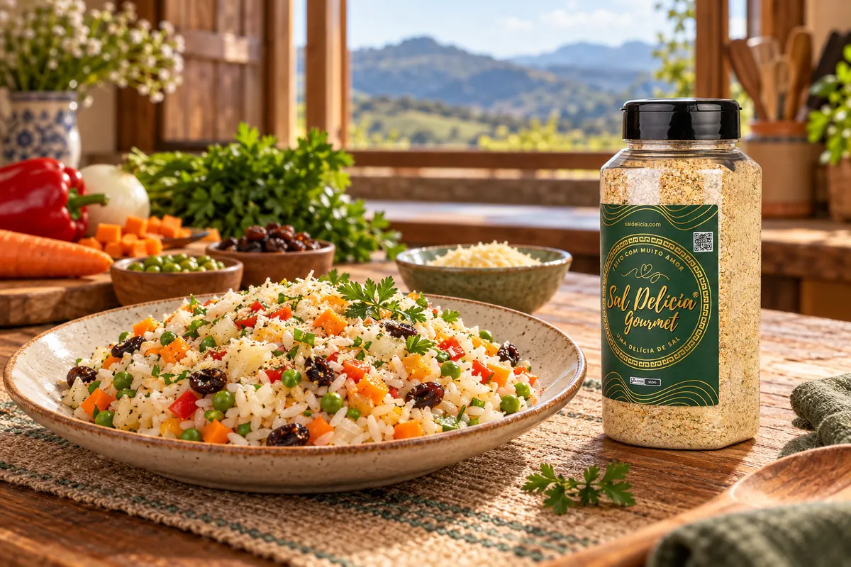 Imagem ilustrativa de arroz à grega com passas e legumes com o frasco de Sal Delícia Gourmet ao lado do prato.