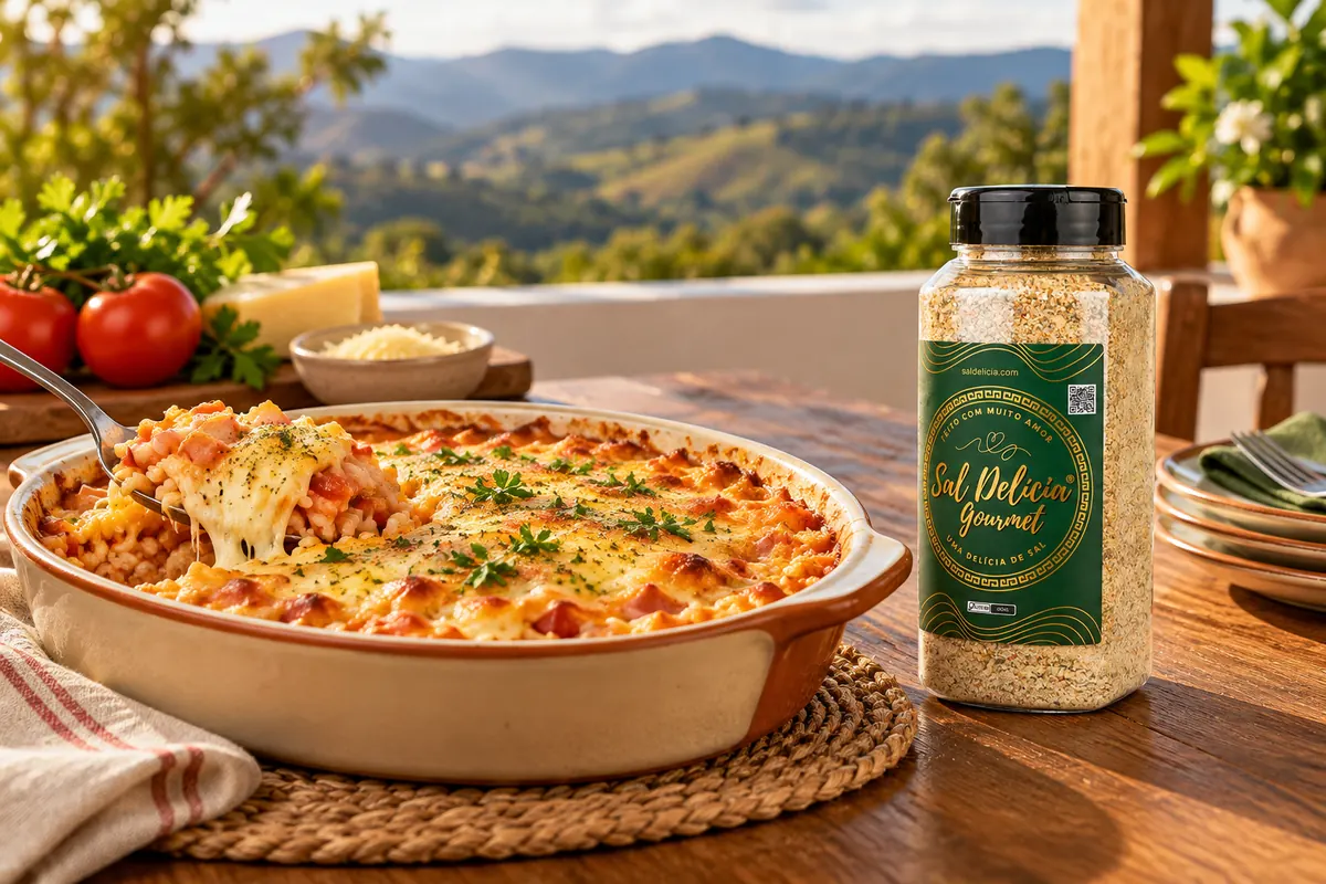 Imagem ilustrativa de arroz à parmegiana com presunto e ovos com o frasco de Sal Delícia Gourmet ao lado do prato.
