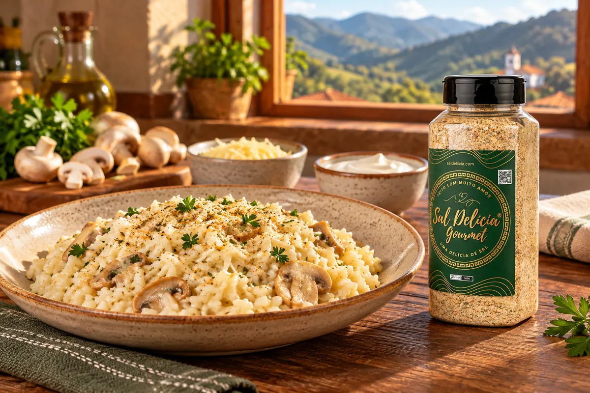 Imagem ilustrativa de arroz à piamontese com champignon com o frasco de Sal Delícia Gourmet ao lado do prato.