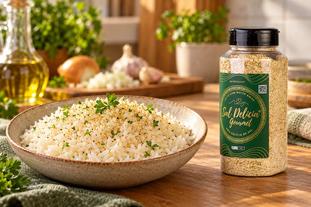 Imagem ilustrativa de arroz branco soltinho com alho e cebola com o frasco de Sal Delícia Gourmet ao lado do prato.
