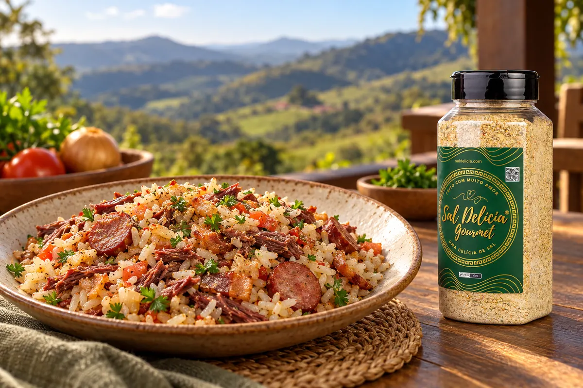 Imagem ilustrativa de arroz carreteiro com carne-seca e calabresa com o frasco de Sal Delícia Gourmet ao lado do prato.