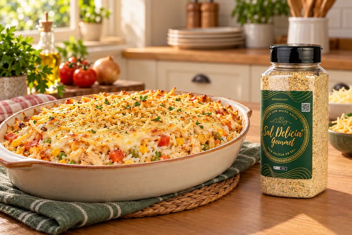 Imagem ilustrativa de arroz de forno em camadas com requeijão e batata palha com o frasco de Sal Delícia Gourmet ao lado do prato.