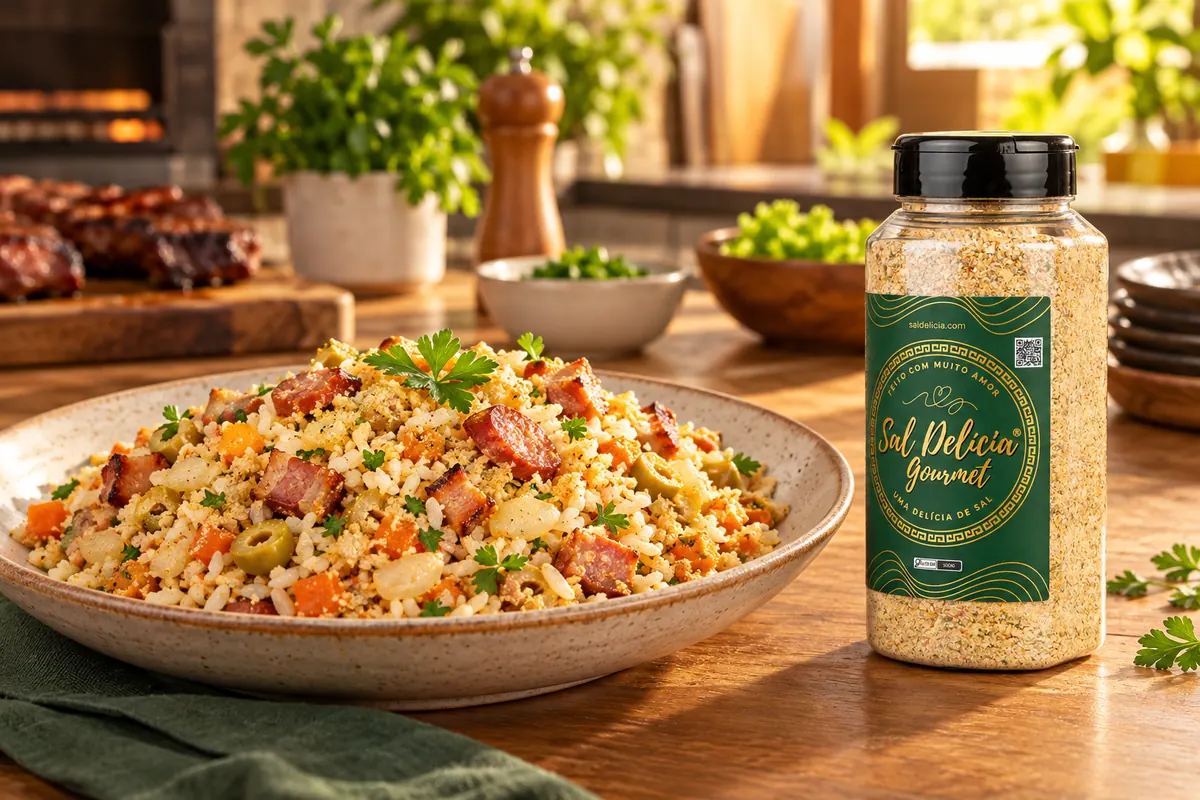 Imagem ilustrativa de arroz farofa com bacon e cenoura com o frasco de Sal Delícia Gourmet ao lado do prato.