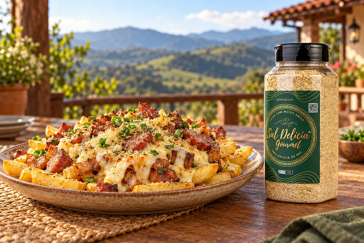 Imagem ilustrativa de batata frita com creme de queijo e calabresa com o frasco de Sal Delícia Gourmet ao lado do prato.