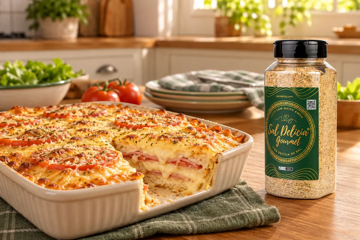 Imagem ilustrativa de bauru de forno com creme de ovos com o frasco de Sal Delícia Gourmet ao lado do prato.