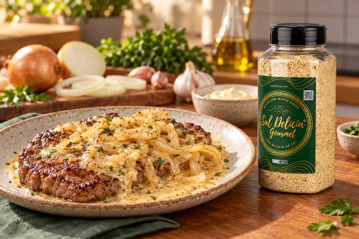 Imagem ilustrativa de bife acebolado com molho de maionese com o frasco de Sal Delícia Gourmet ao lado do prato.