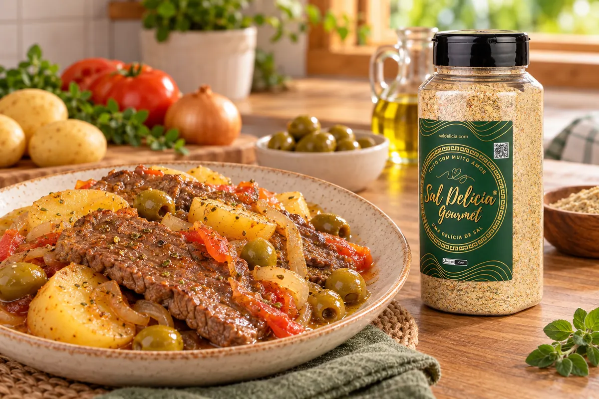 Imagem ilustrativa de bifes na pressão com batata e azeitonas com o frasco de Sal Delícia Gourmet ao lado do prato.