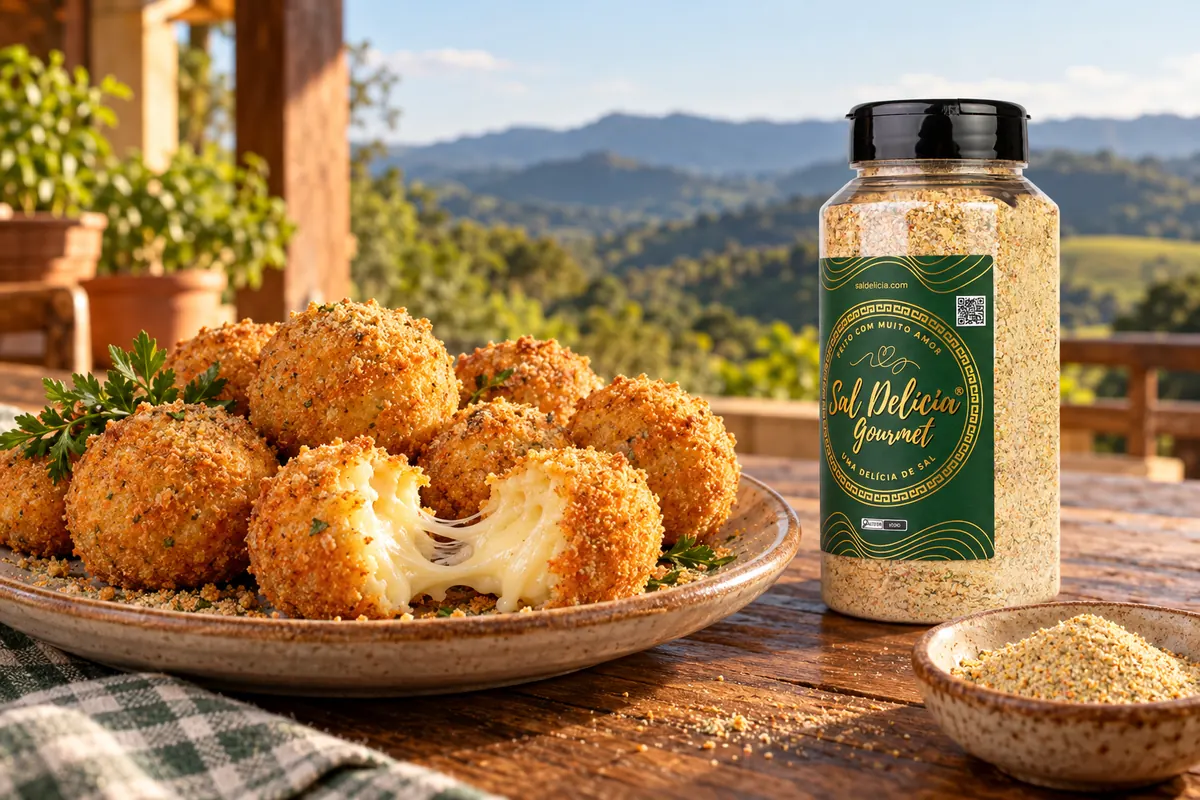 Imagem ilustrativa de bolinhas de queijo com massa de leite com o frasco de Sal Delícia Gourmet ao lado do prato.