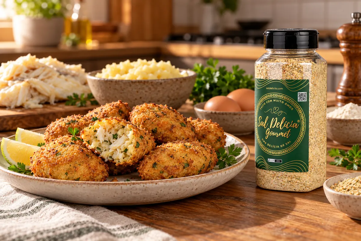 Imagem ilustrativa de bolinho de bacalhau com batata e salsa com o frasco de Sal Delícia Gourmet ao lado do prato.