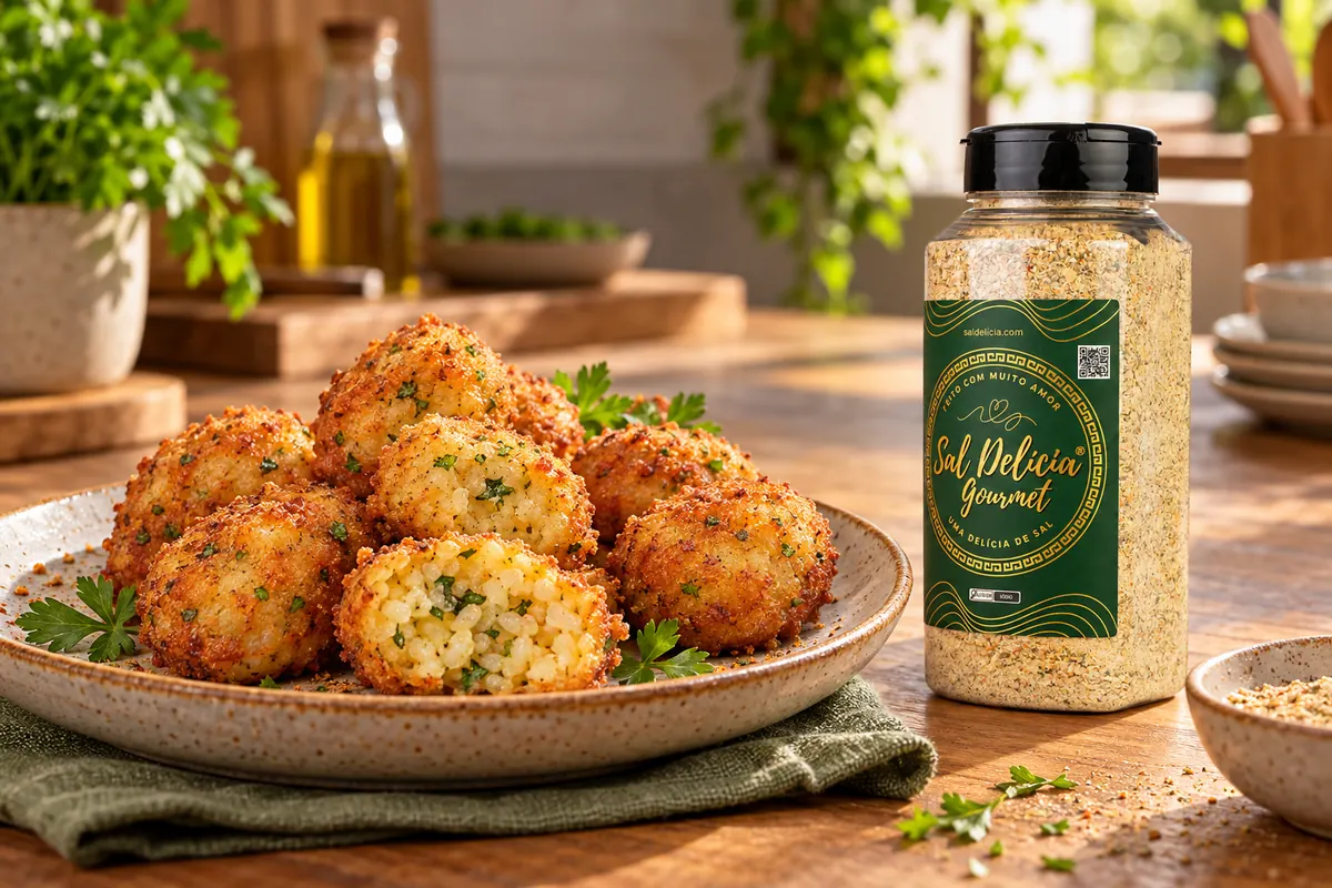 Imagem ilustrativa de bolinho frito de arroz com cheiro-verde com o frasco de Sal Delícia Gourmet ao lado do prato.