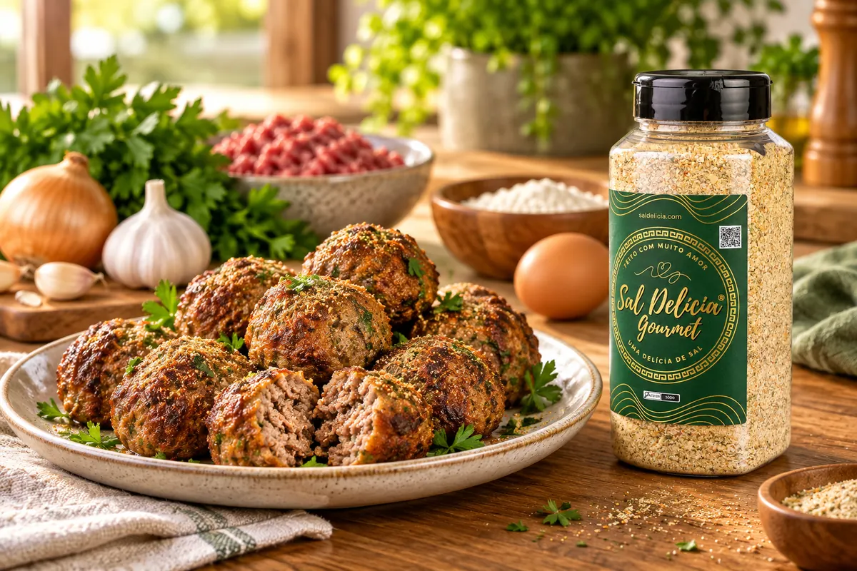 Imagem ilustrativa de bolinho frito de carne com alho e cebola com o frasco de Sal Delícia Gourmet ao lado do prato.