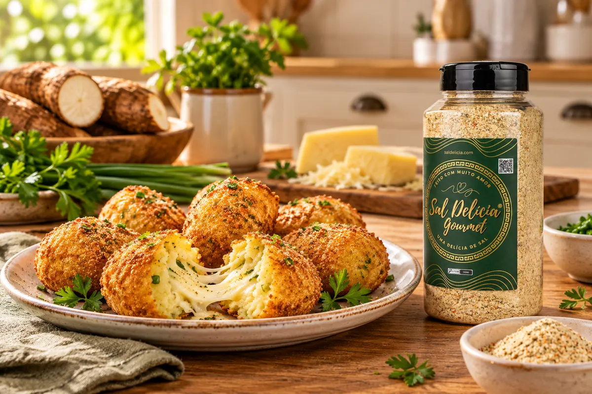 Imagem ilustrativa de bolinho frito de mandioca recheado com queijo com o frasco de Sal Delícia Gourmet ao lado do prato.