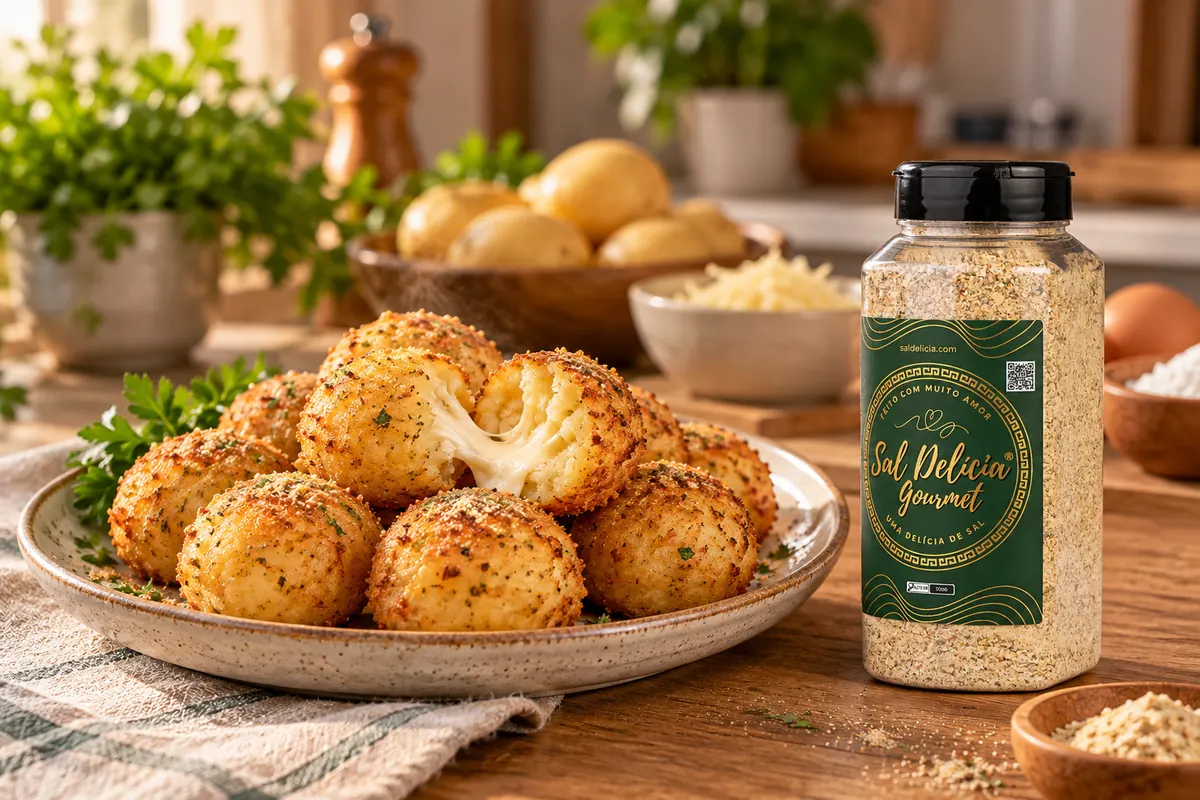 Imagem ilustrativa de bolinhos de batata com parmesão e muçarela com o frasco de Sal Delícia Gourmet ao lado do prato.
