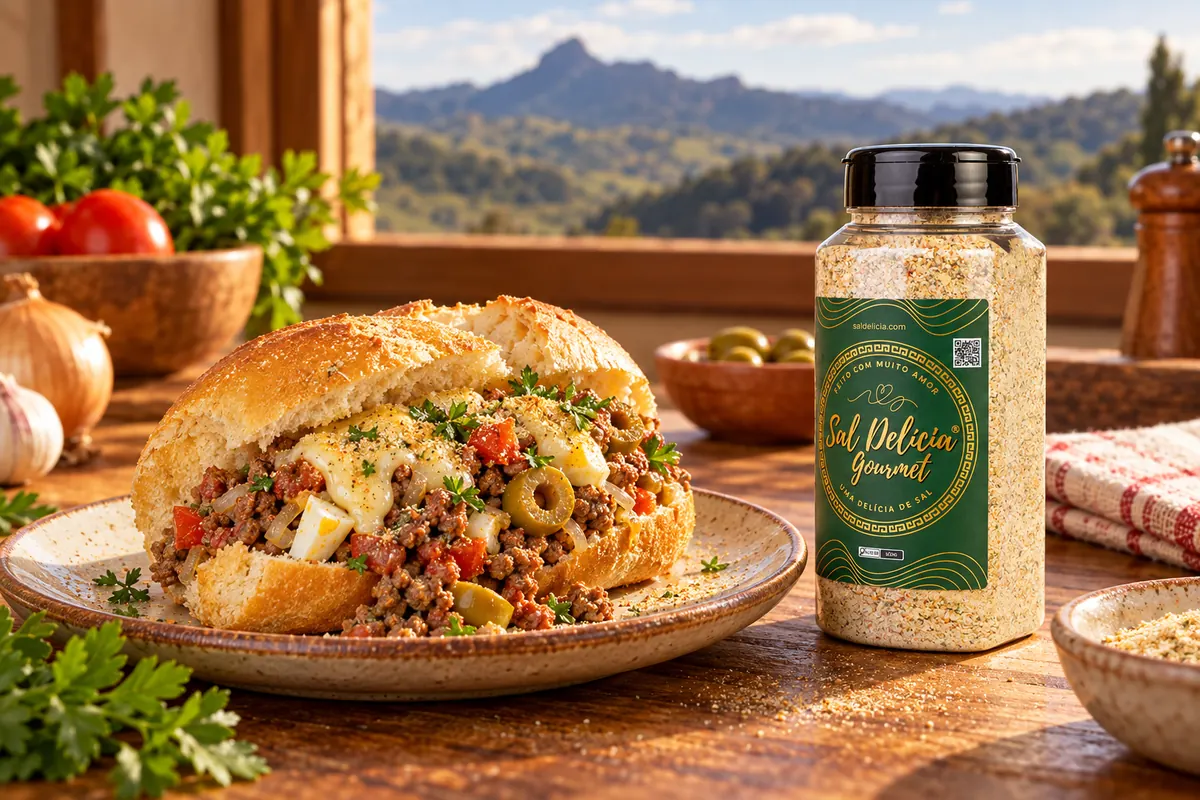 Imagem ilustrativa de buraco quente com carne e queijo prato com o frasco de Sal Delícia Gourmet ao lado do prato.
