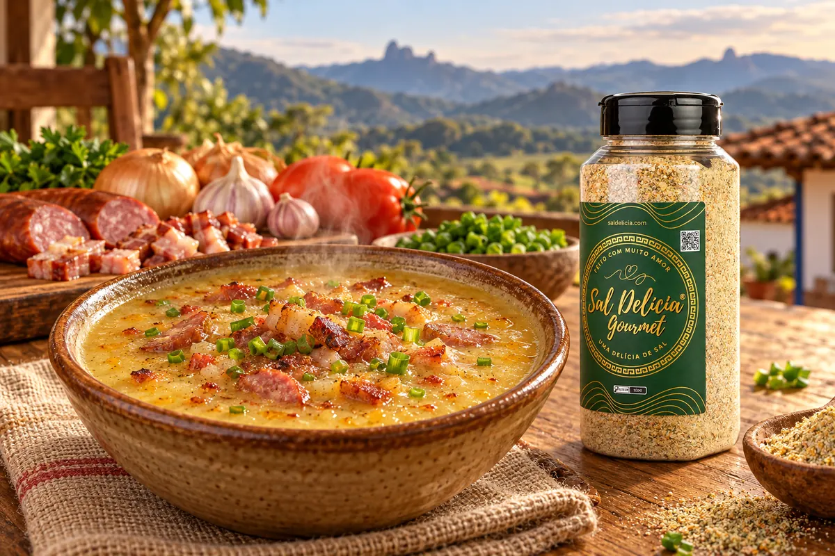 Imagem ilustrativa de caldinho de mandioca com bacon e calabresa com o frasco de Sal Delícia Gourmet ao lado do prato.