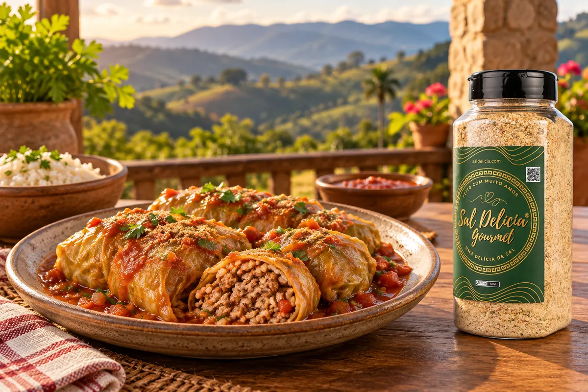 Imagem ilustrativa de charutos de repolho com carne e arroz com o frasco de Sal Delícia Gourmet ao lado do prato.