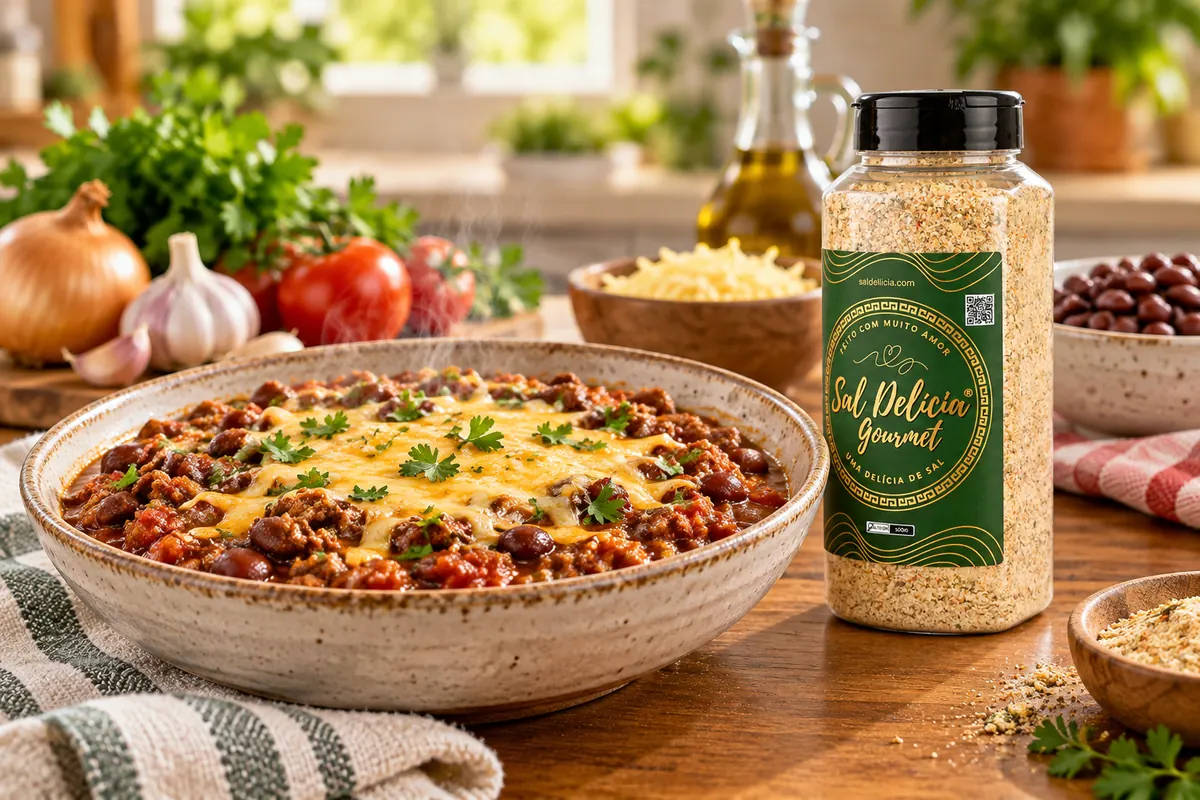 Imagem ilustrativa de chili de carne e feijão com queijo com o frasco de Sal Delícia Gourmet ao lado do prato.
