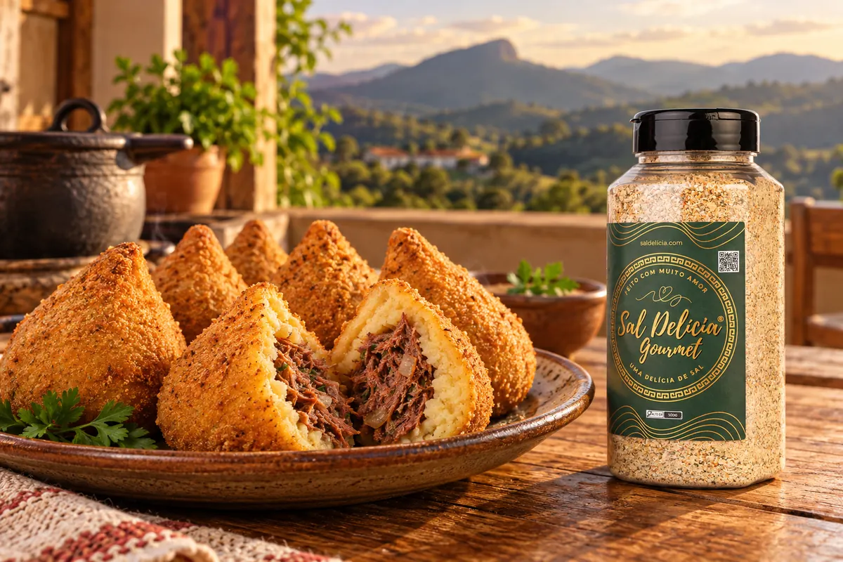 Imagem ilustrativa de coxinha de mandioca com carne-seca com o frasco de Sal Delícia Gourmet ao lado do prato.