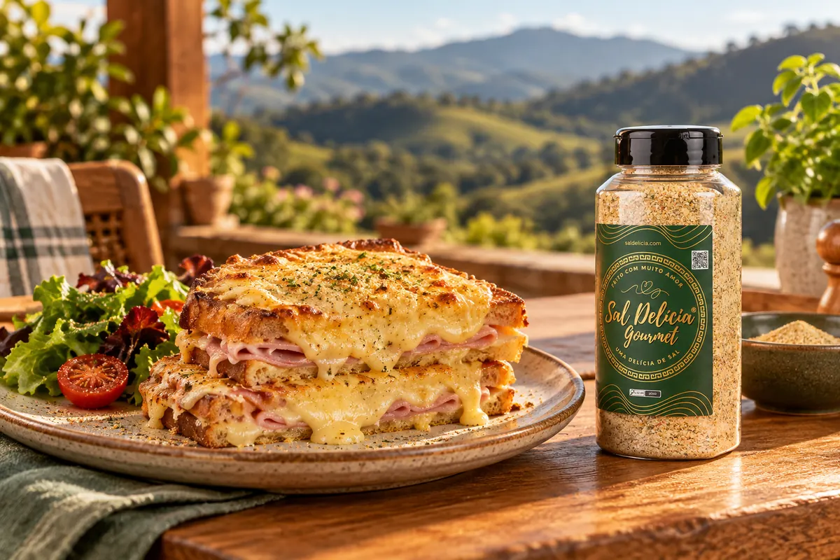Imagem ilustrativa de croque monsieur com creme de ovos e gruyère com o frasco de Sal Delícia Gourmet ao lado do prato.