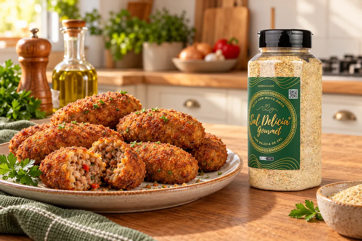 Imagem ilustrativa de croquete de carne com pimentão com o frasco de Sal Delícia Gourmet ao lado do prato.
