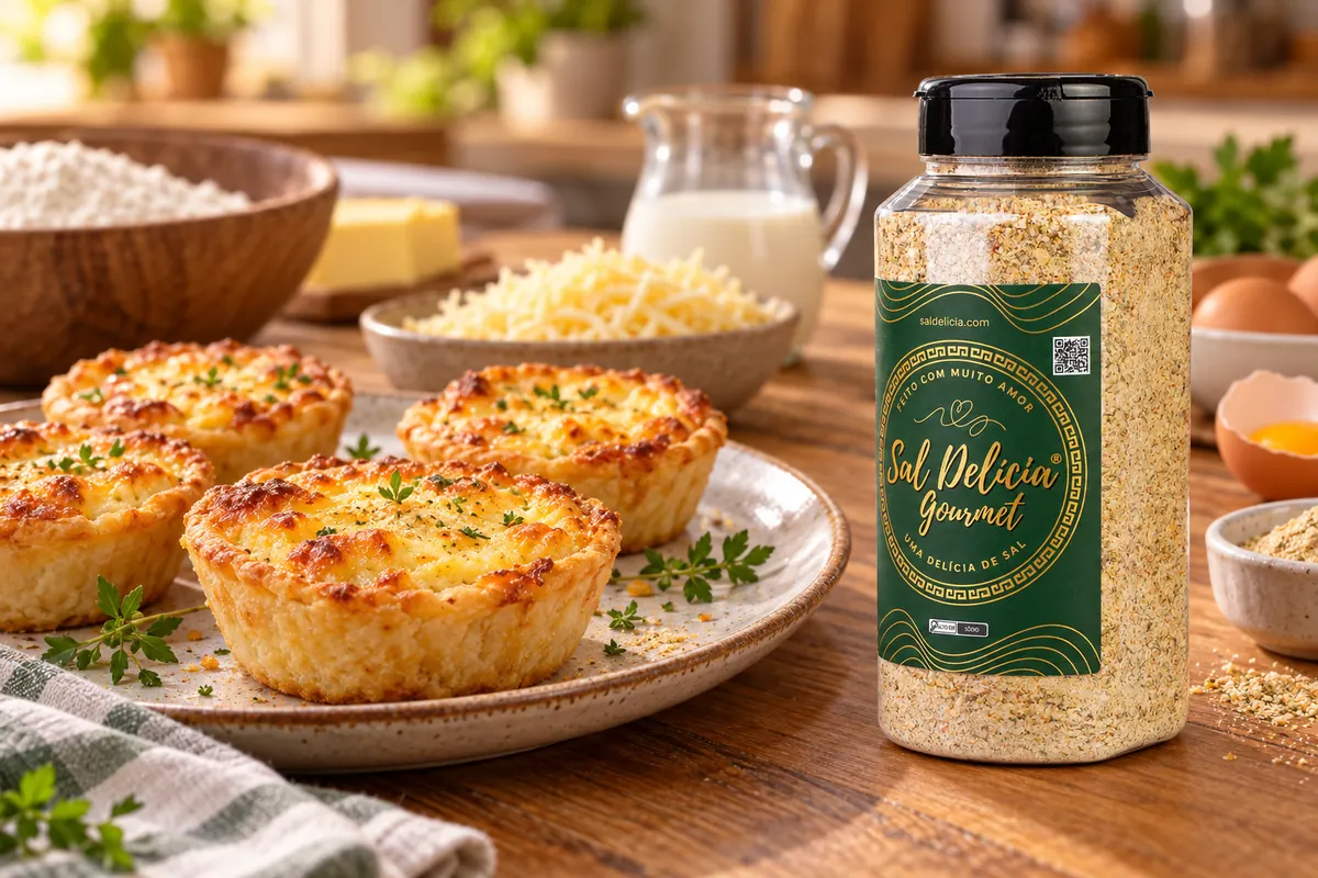 Imagem ilustrativa de empadinha aberta de queijo com o frasco de Sal Delícia Gourmet ao lado do prato.