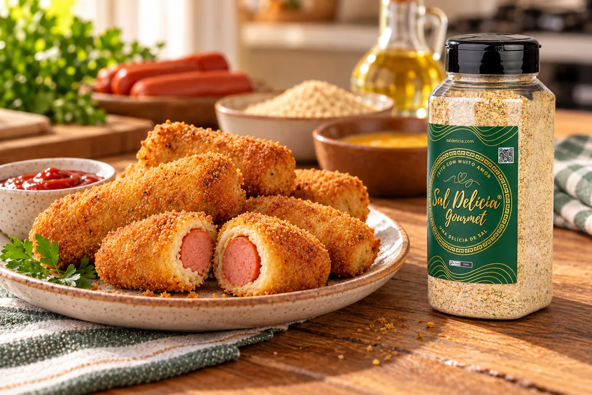 Imagem ilustrativa de enroladinho frito de salsicha com o frasco de Sal Delícia Gourmet ao lado do prato.