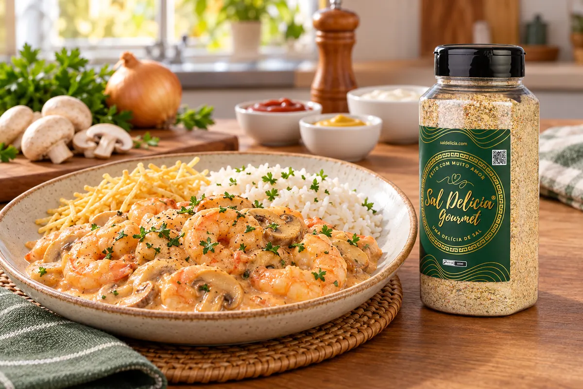 Imagem ilustrativa de estrogonofe de camarão com champignon com o frasco de Sal Delícia Gourmet ao lado do prato.