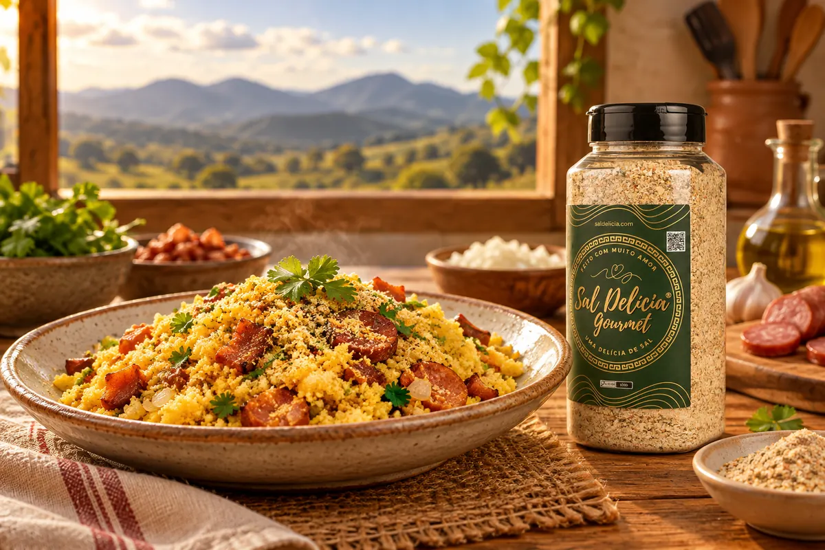 Imagem ilustrativa de farofa de cuscuz com bacon e calabresa com o frasco de Sal Delícia Gourmet ao lado do prato.