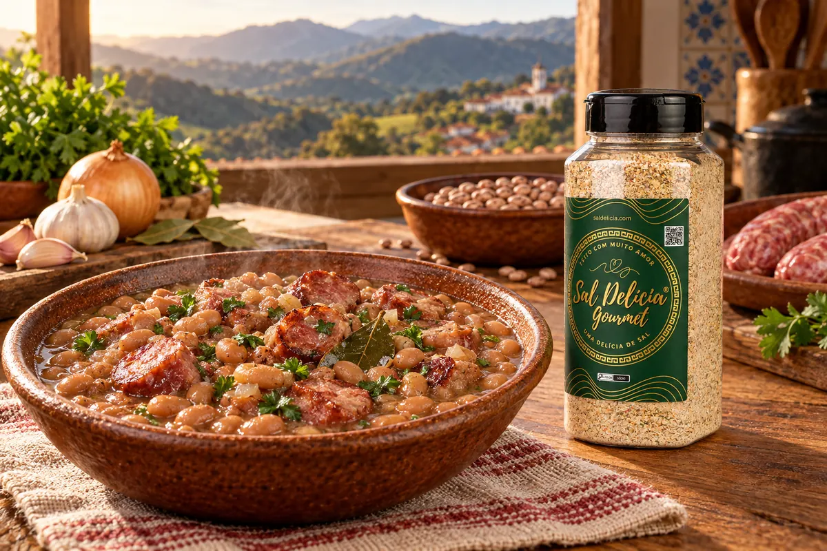 Imagem ilustrativa de feijão carioca com linguiça e ervas com o frasco de Sal Delícia Gourmet ao lado do prato.