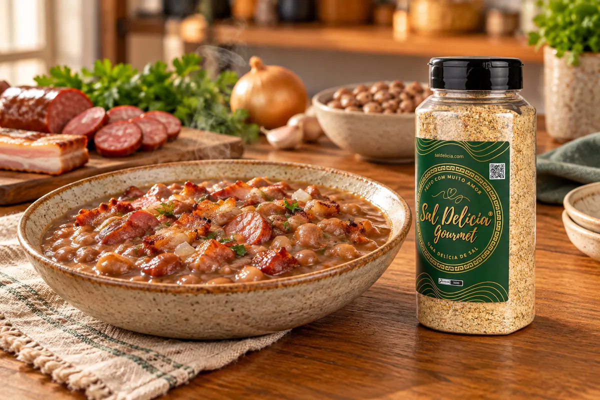 Imagem ilustrativa de feijão cremoso com bacon e calabresa com o frasco de Sal Delícia Gourmet ao lado do prato.
