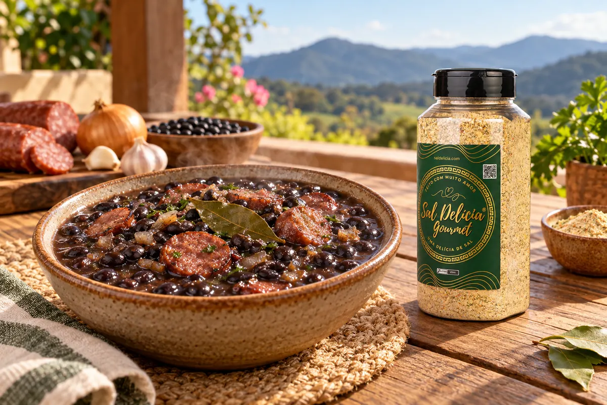 Imagem ilustrativa de feijão preto com calabresa e louro com o frasco de Sal Delícia Gourmet ao lado do prato.