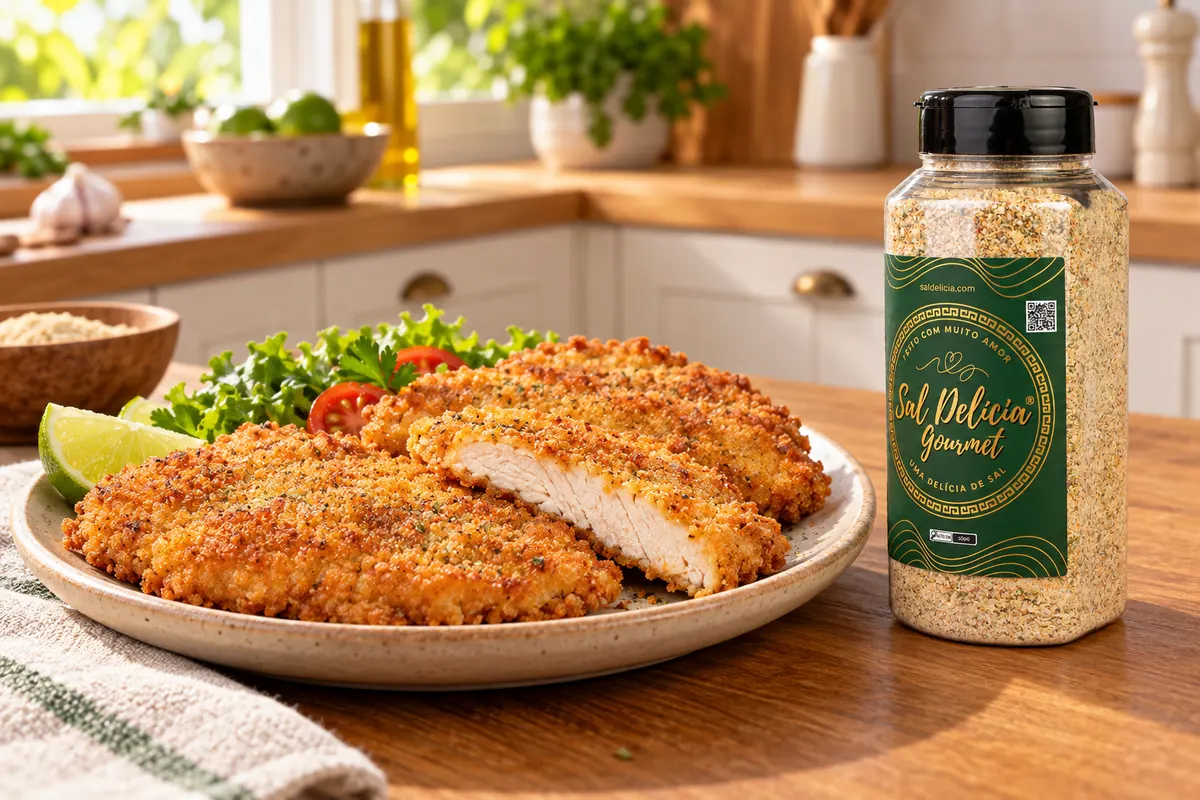 Imagem ilustrativa de filé de frango à milanesa com raspas de limão com o frasco de Sal Delícia Gourmet ao lado do prato.