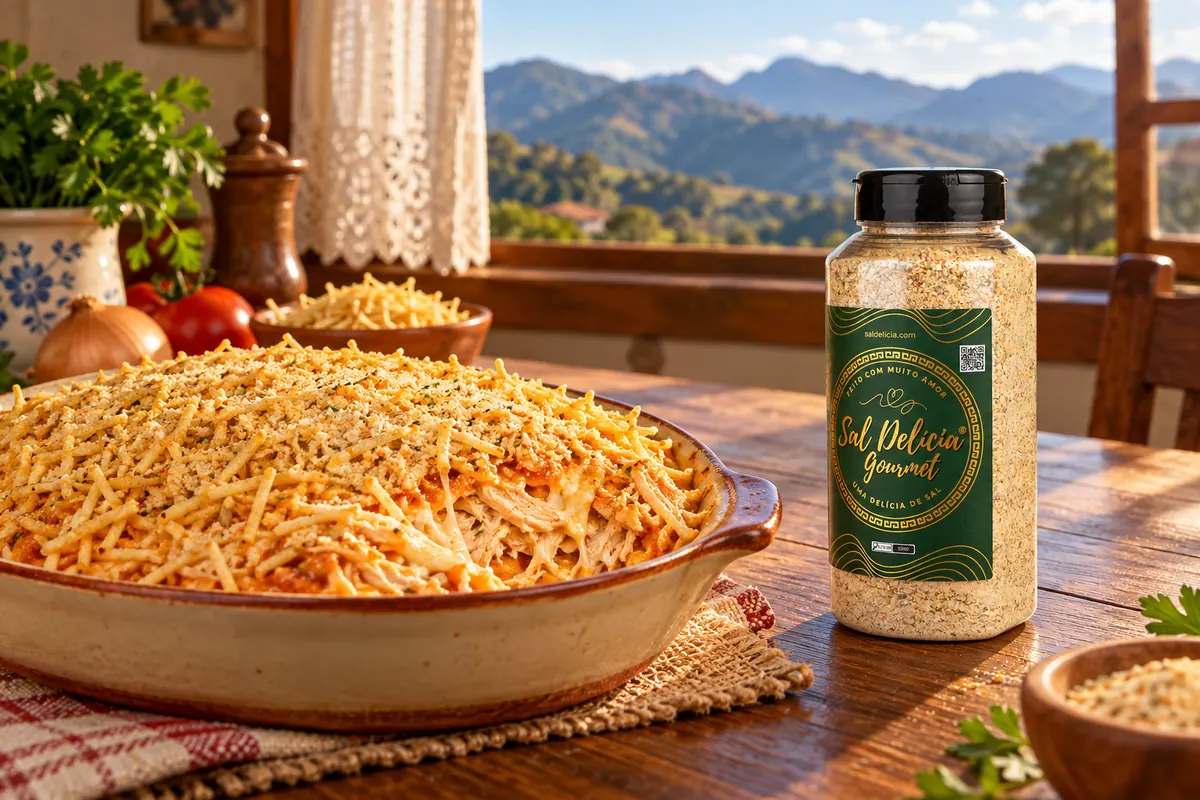 Imagem ilustrativa de frango com requeijão e cobertura de batata palha com o frasco de Sal Delícia Gourmet ao lado do prato.