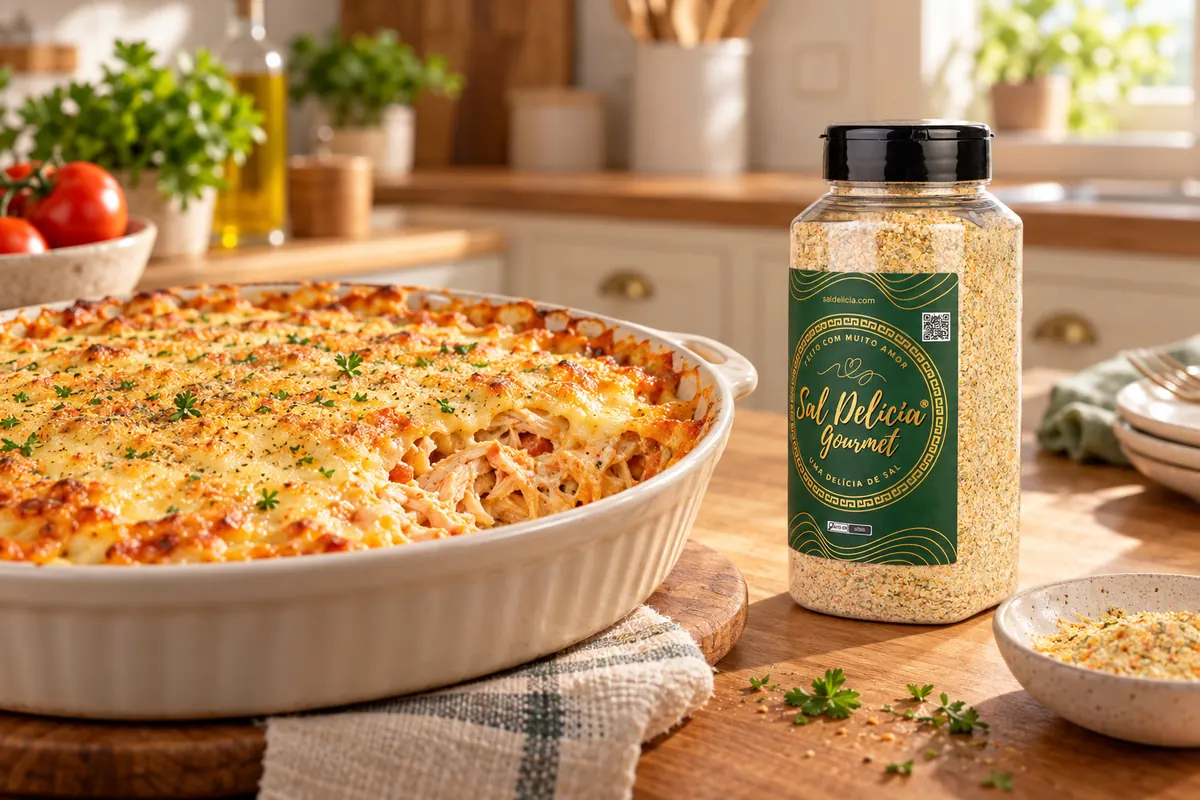 Imagem ilustrativa de frango desfiado gratinado ao molho rosado com o frasco de Sal Delícia Gourmet ao lado do prato.
