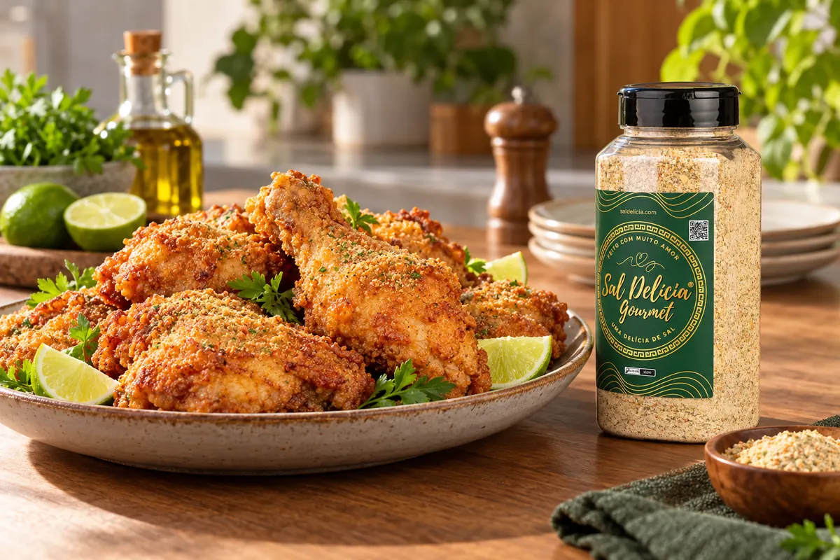 Imagem ilustrativa de frango frito com casquinha de farinha com o frasco de Sal Delícia Gourmet ao lado do prato.