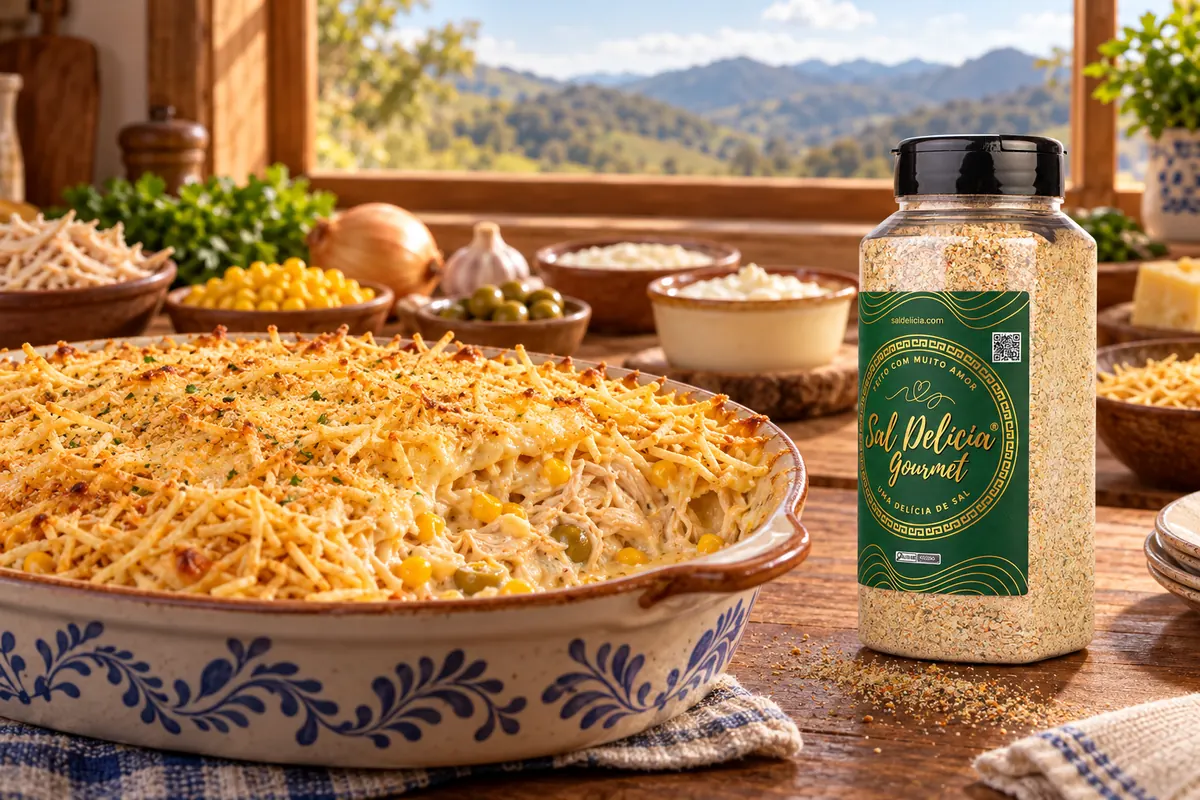 Imagem ilustrativa de fricassê de frango com milho e azeitonas com o frasco de Sal Delícia Gourmet ao lado do prato.