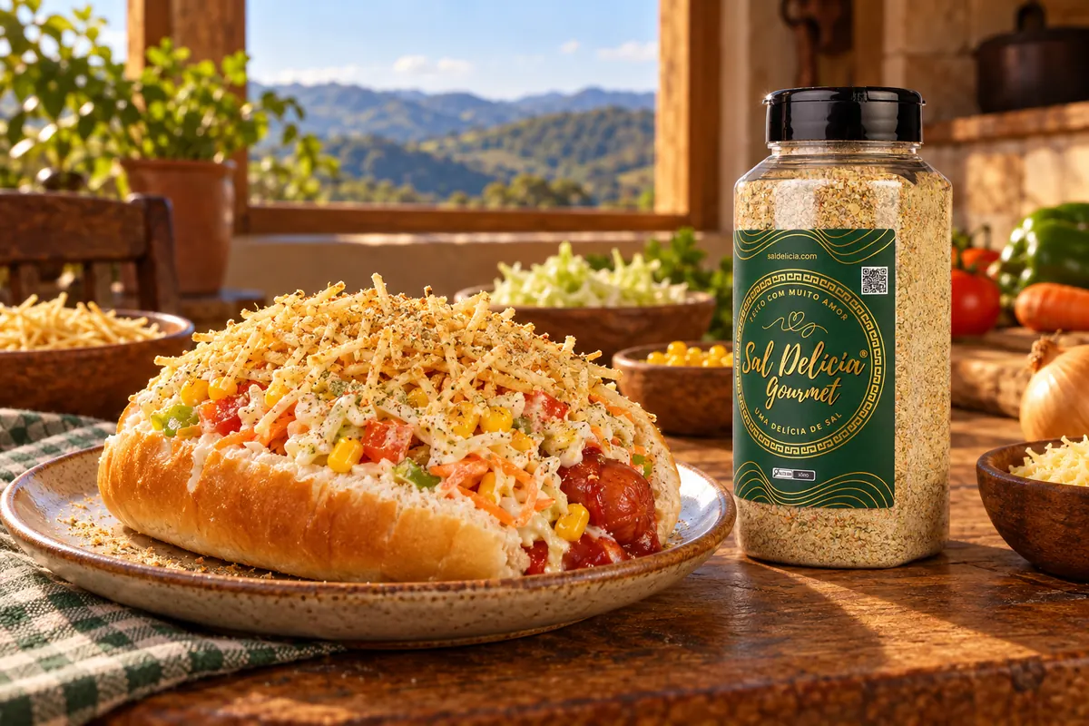 Imagem ilustrativa de kikão com repolho e molho cremoso com o frasco de Sal Delícia Gourmet ao lado do prato.