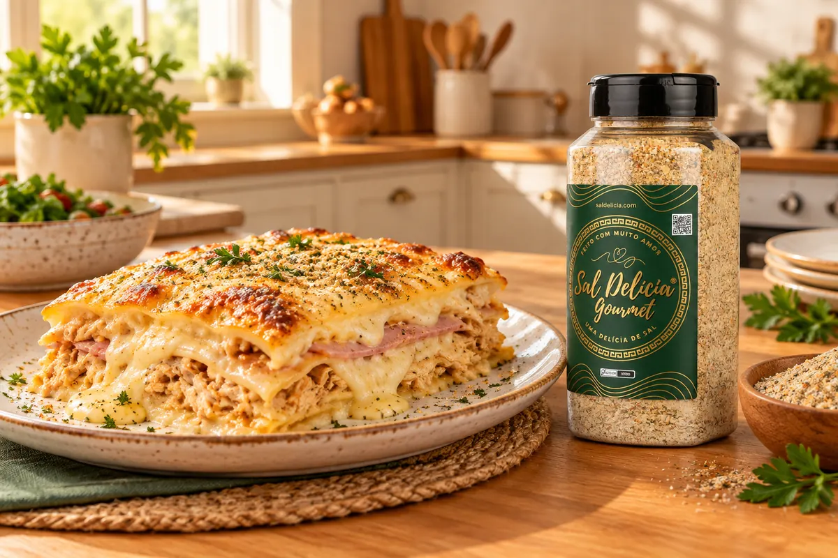 Imagem ilustrativa de lasanha cremosa de frango com presunto com o frasco de Sal Delícia Gourmet ao lado do prato.