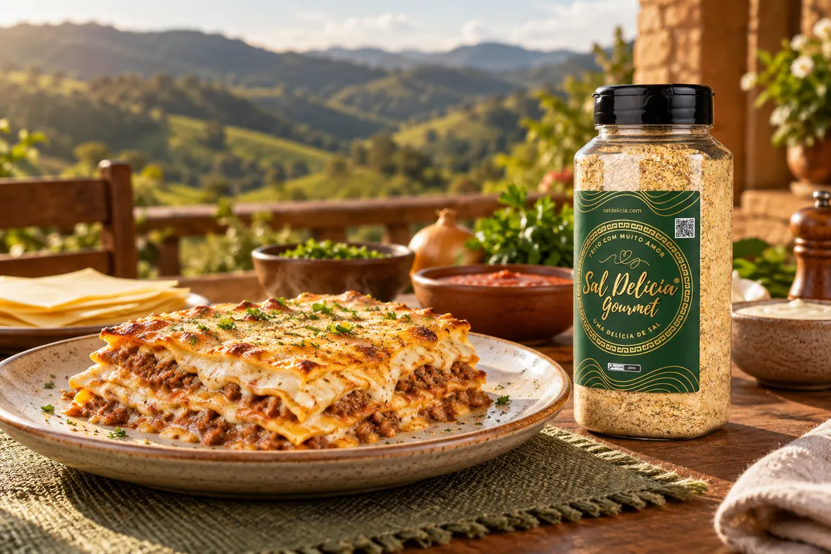 Imagem ilustrativa de lasanha de carne com dois molhos com o frasco de Sal Delícia Gourmet ao lado do prato.